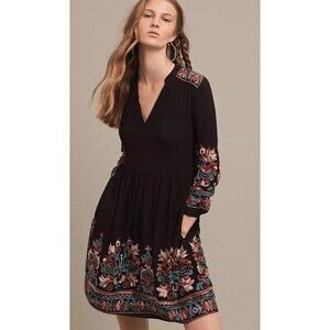 Anthropologie Floreat Black Avery Embroidered Dress Size Small
